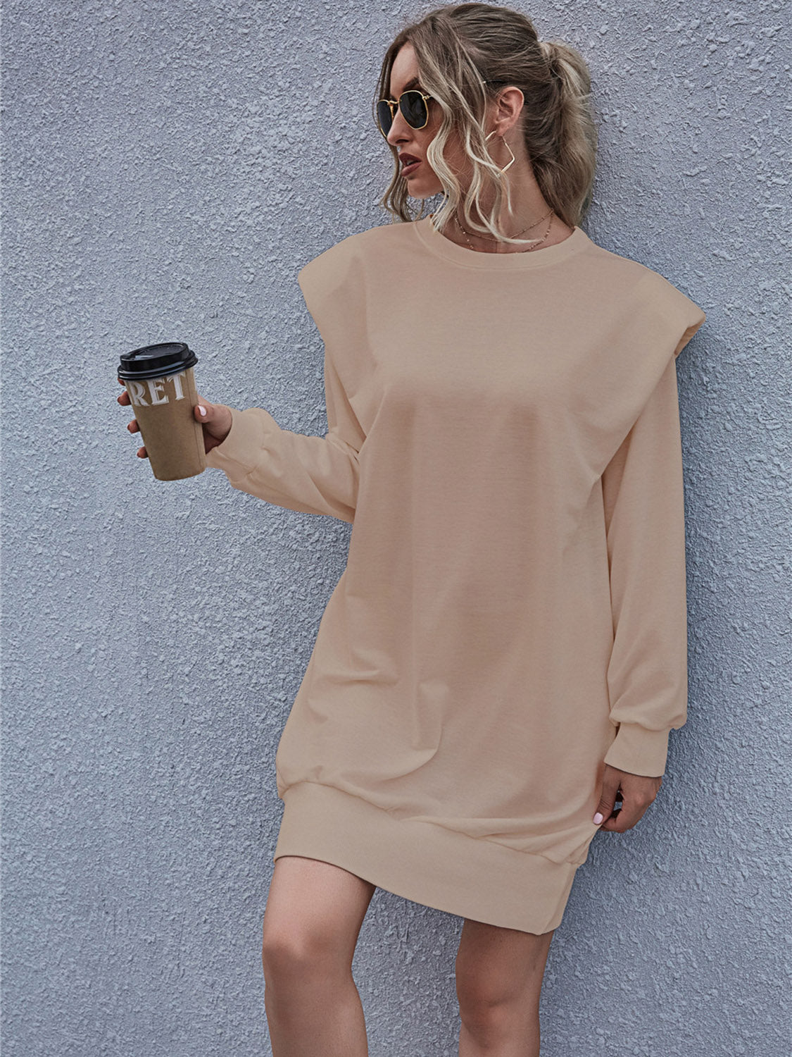 Light Slate Gray Round Neck Long Sleeve Mini Dress Clothing