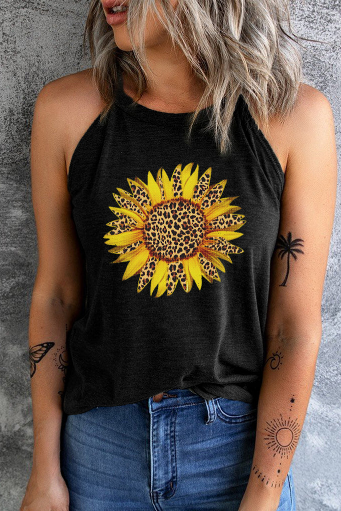 Dark Slate Gray Sunflower Graphic Round Neck Tank Graphic Tees