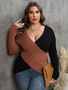 Dim Gray Plus Size Two-Tone Surplice Neck Sweater Clothing