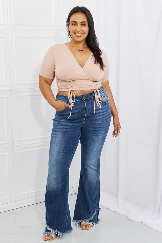 Light Gray Capella Back To Simple Full Size Ribbed Front Scrunched Top in Blush Plus Size Clothes