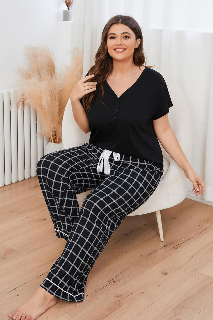 Rosy Brown Plus Size V-Neck Top and Plaid Pants Lounge Set