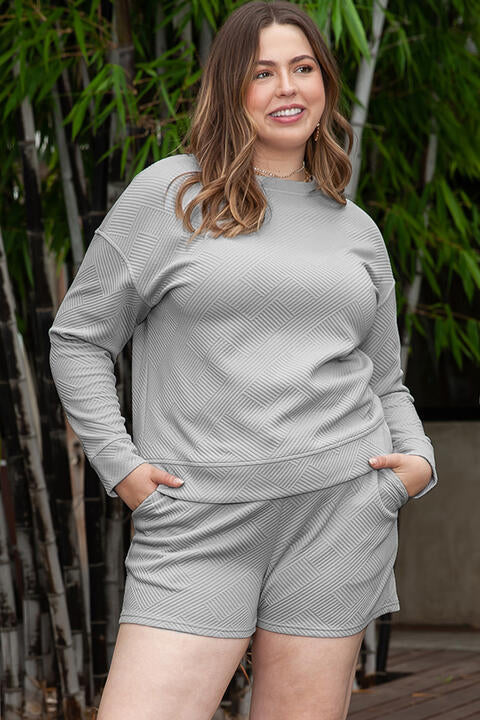 Dark Slate Gray Plus Size Long Sleeve Top and Shorts Set Plus Size Clothes