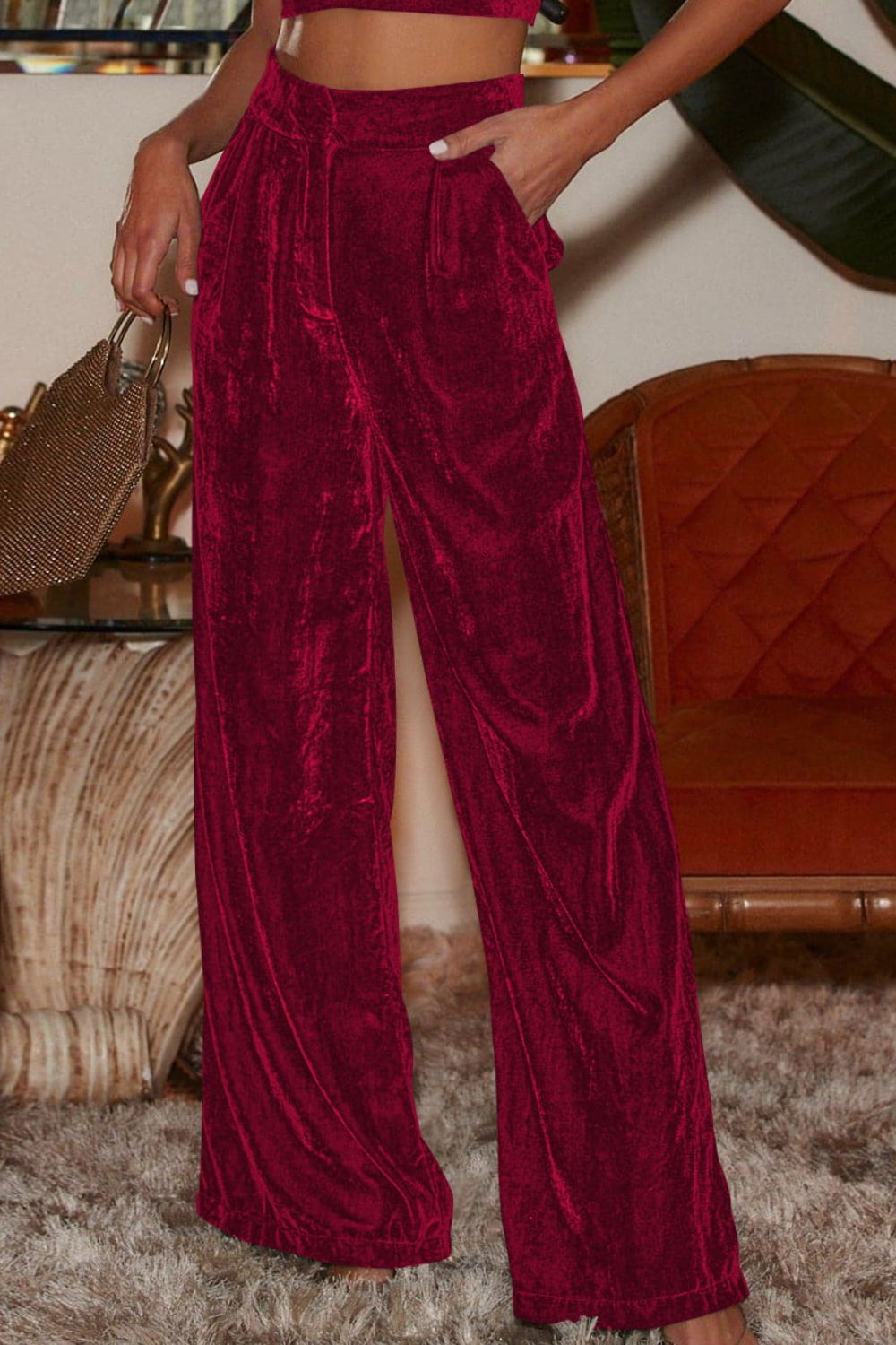 Saddle Brown Loose Fit High Waist Long Pants with Pockets Clothes