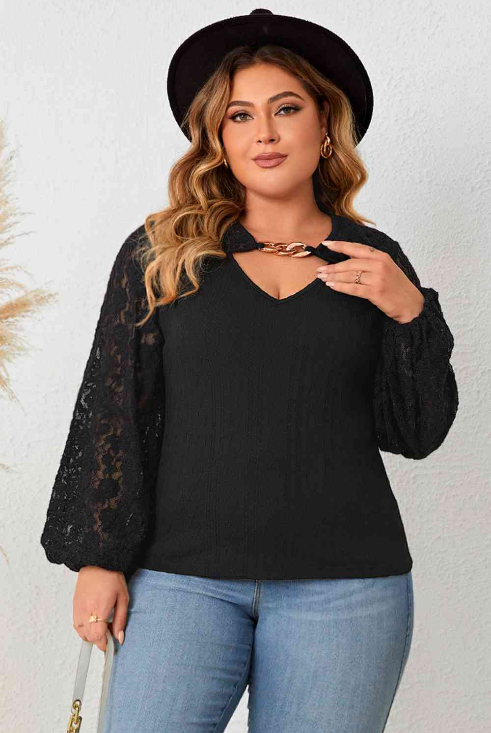 Black Plus Size Cutout Front Lace Sleeve Blouse Plus Size Clothes