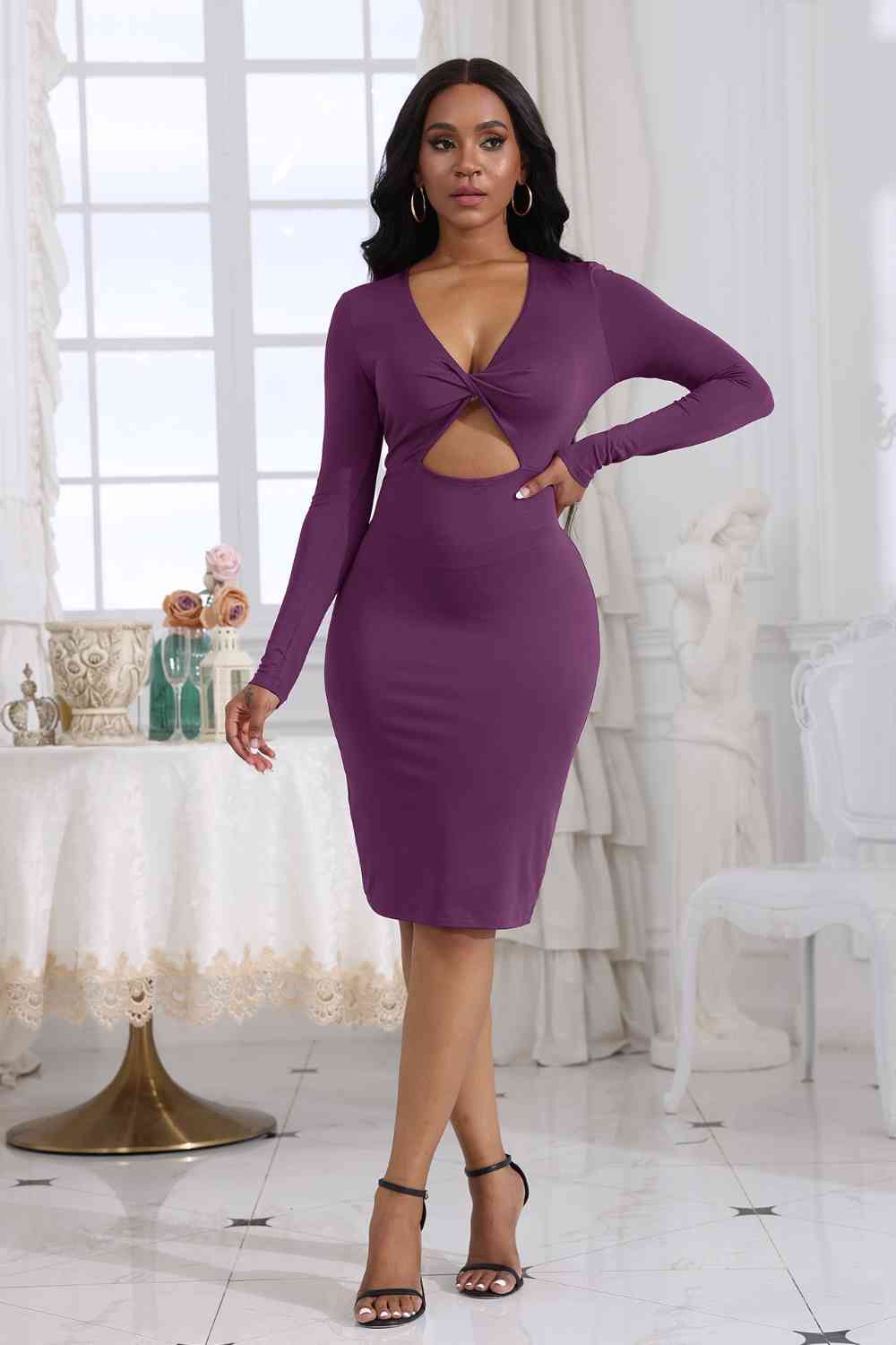 Light Gray Cutout Twisted Long Sleeve Dress Holiday