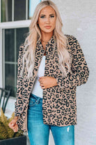 Gray Double Take Leopard Drawstring Waist Jacket with Pockets Trends