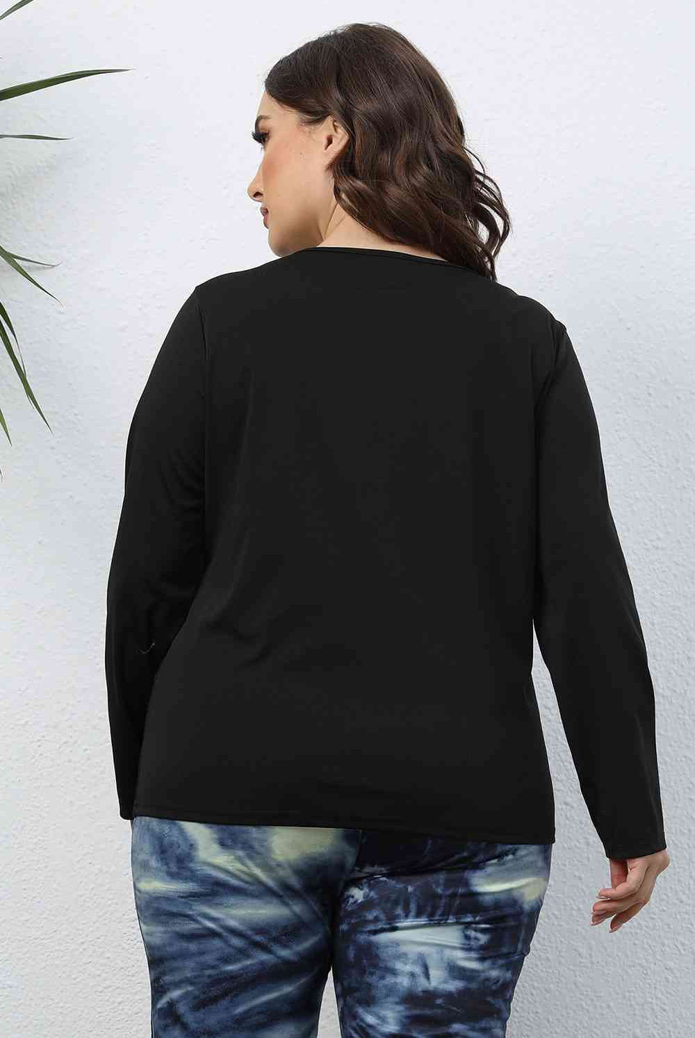 Black Plus Size Cutout Front Long Sleeve T-Shirt Plus Size Clothes
