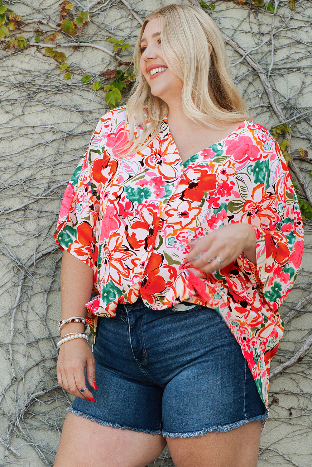 Rosy Brown Plus Size Floral V-Neck Half Sleeve Shirt Tops
