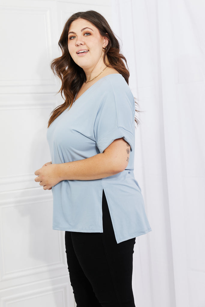 Light Gray Zenana Simply Comfy Full Size V-Neck Loose Fit Shirt in Blue Plus Size Clothes