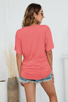 Gray V-Neck Side Ruched Tee Tops