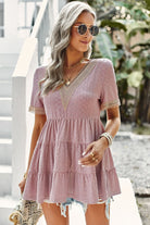 Gray Contrast Short Sleeve Tiered Blouse Clothing