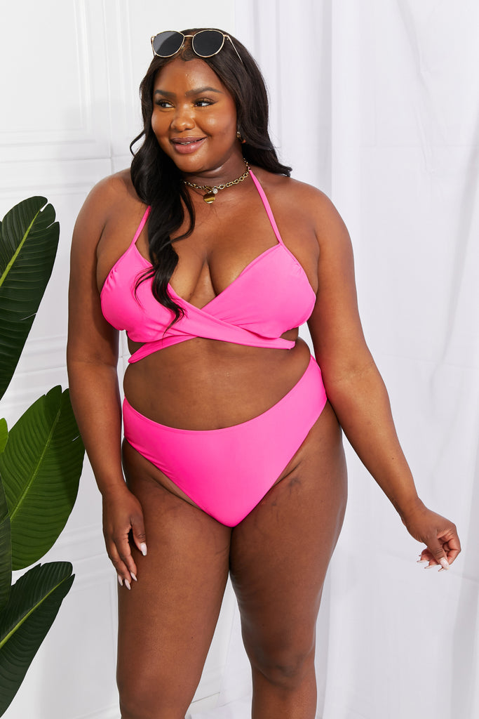 Dark Slate Gray Summer Splash Halter Bikini Set in Pink Swimwear