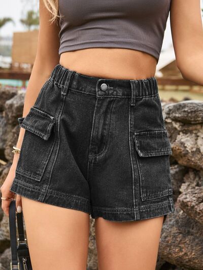 Dark Slate Gray High Waist Denim Shorts with Pockets Denim