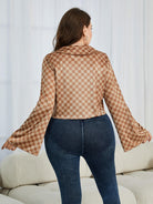Gray Plus Size Checkered Johnny Collar Flare Sleeve Shirt Clothing