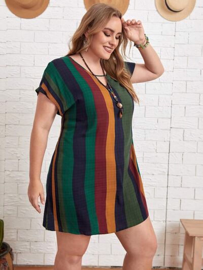 Light Gray Plus Size Striped Short Sleeve Mini Dress Plus Size Clothing
