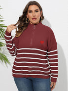 Saddle Brown Plus Size Zip-Up Striped Sweater Clothing