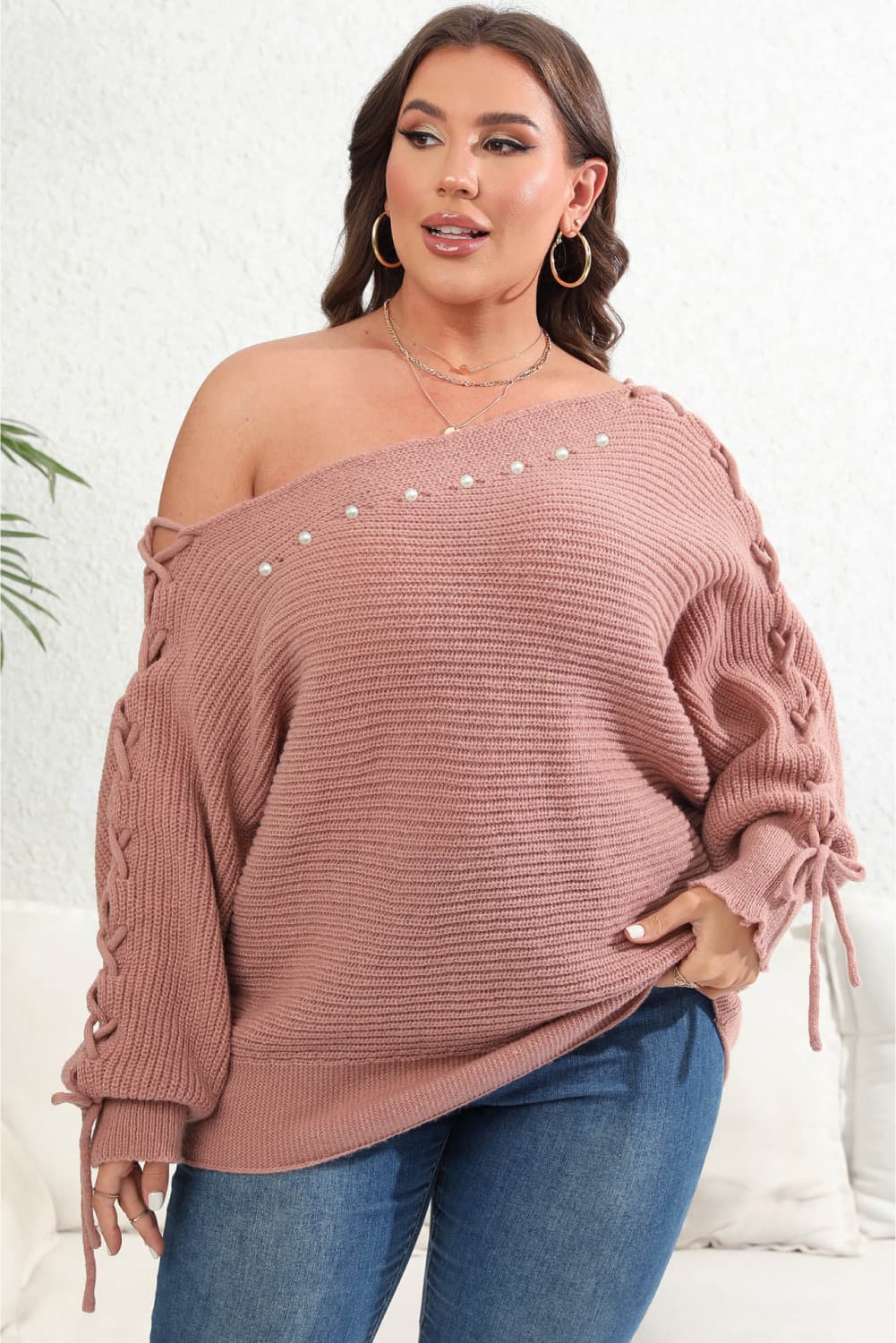 Light Gray Plus Size One Shoulder Beaded Sweater Clothing