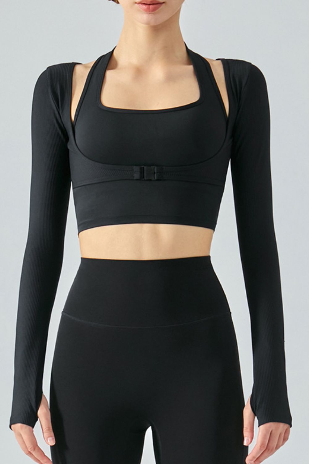 Black Mind Over Matter Ribbed Faux Layered Halter Neck Cropped Sports Top activewear