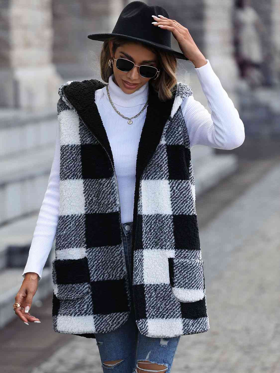 Dark Gray Plaid Hooded Vest with Pockets Winter Accessories