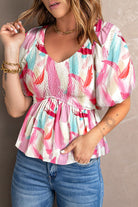 Gray Printed V-Neck Babydoll Blouse Tops