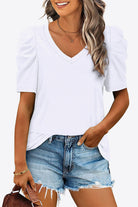 Lavender V-Neck Puff Sleeve Tee Tops