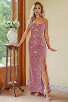 Rosy Brown Party Sequin Slit Spaghetti Strap Dress New Year Looks