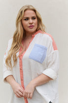 Light Gray White Birch Full Size Color Block Woven Button Down Top Tops