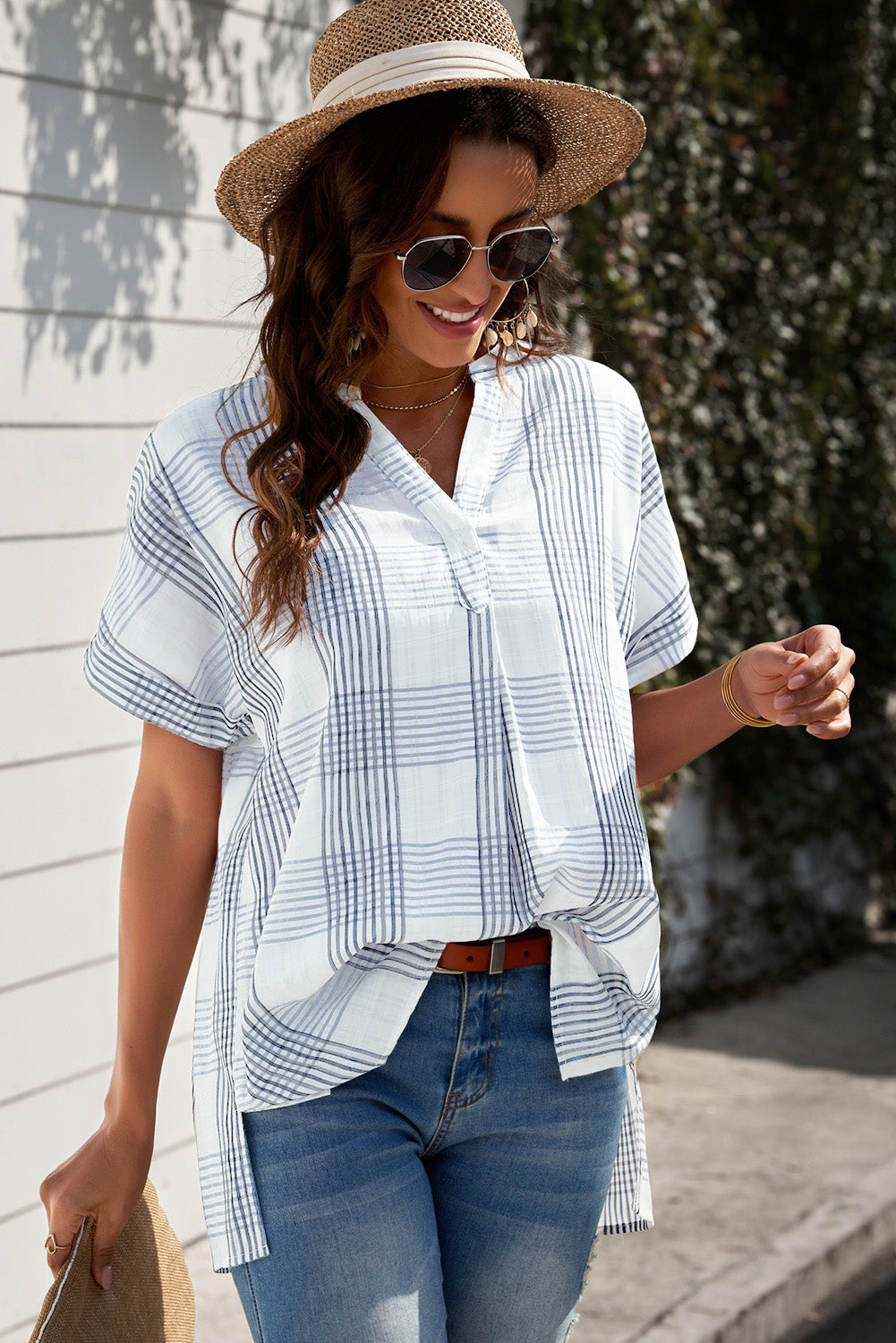 Light Gray Notched Side Slit Cuffed Blouse Tops