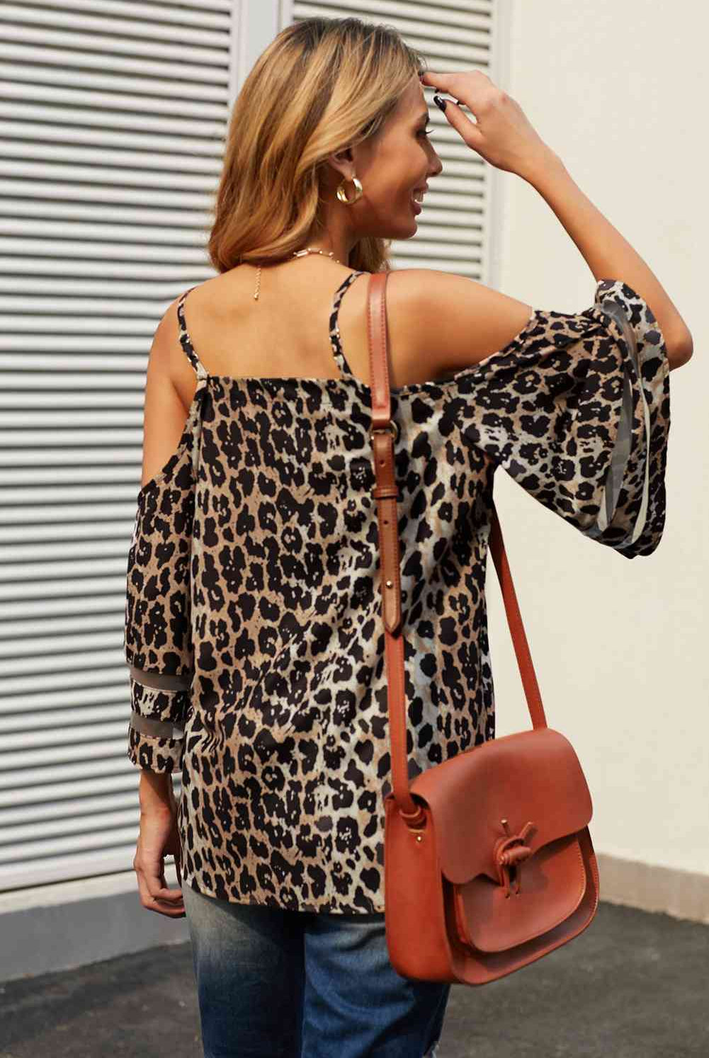 Rosy Brown Printed Cold-Shoulder Three-Quarter Flare Sleeve Blouse Trends