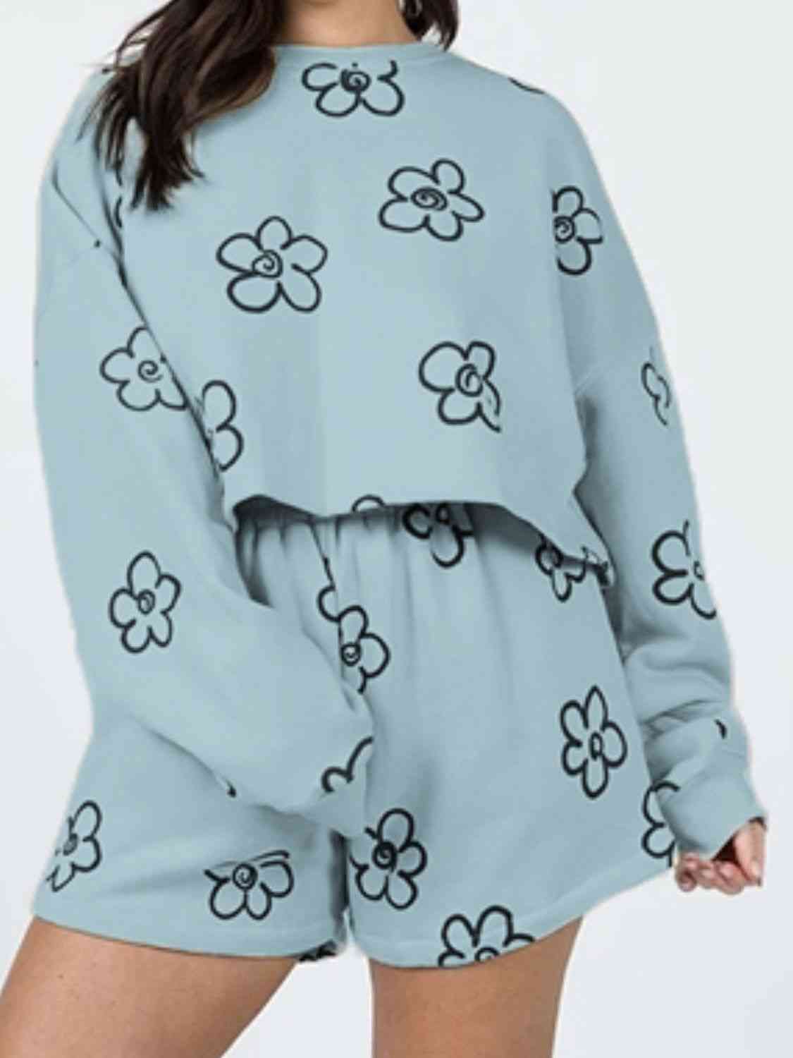Light Steel Blue Floral Dropped Shoulder Sweatshirt and Shorts Set Loungewear