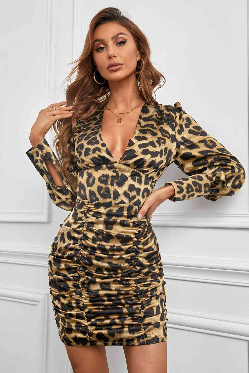 Light Gray Leopard Deep V Ruched Bodycon Dress Trends