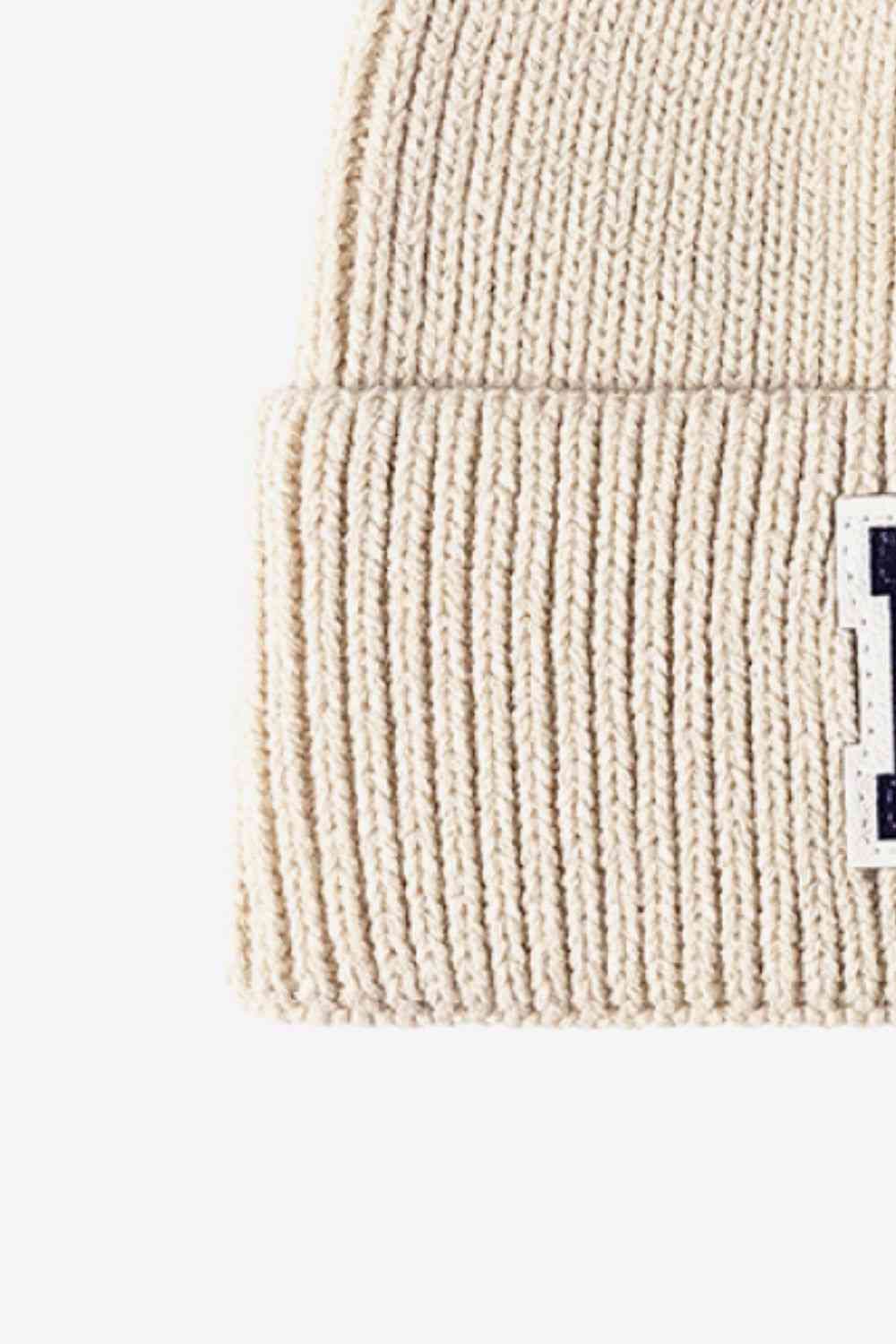 Antique White Letter Patch Cuffed Knit Beanie Winter Accessories