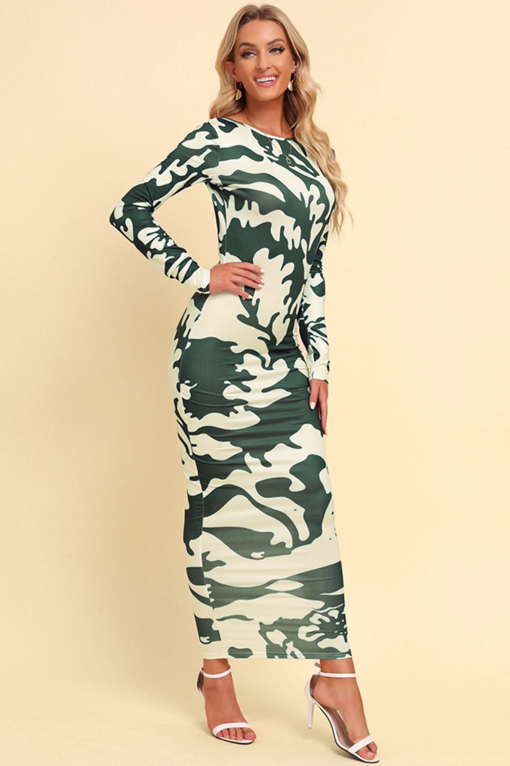 Wheat Printed Backless Long Sleeve Maxi Dress Clothes