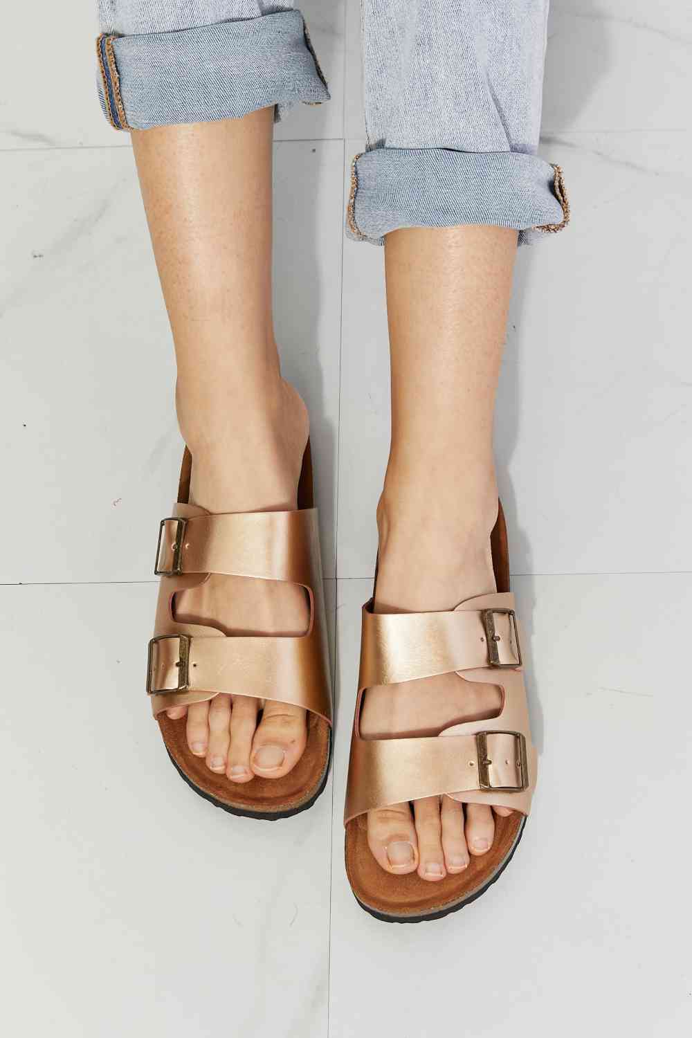Light Gray MMShoes Best Life Double-Banded Slide Sandal in Gold Shoes
