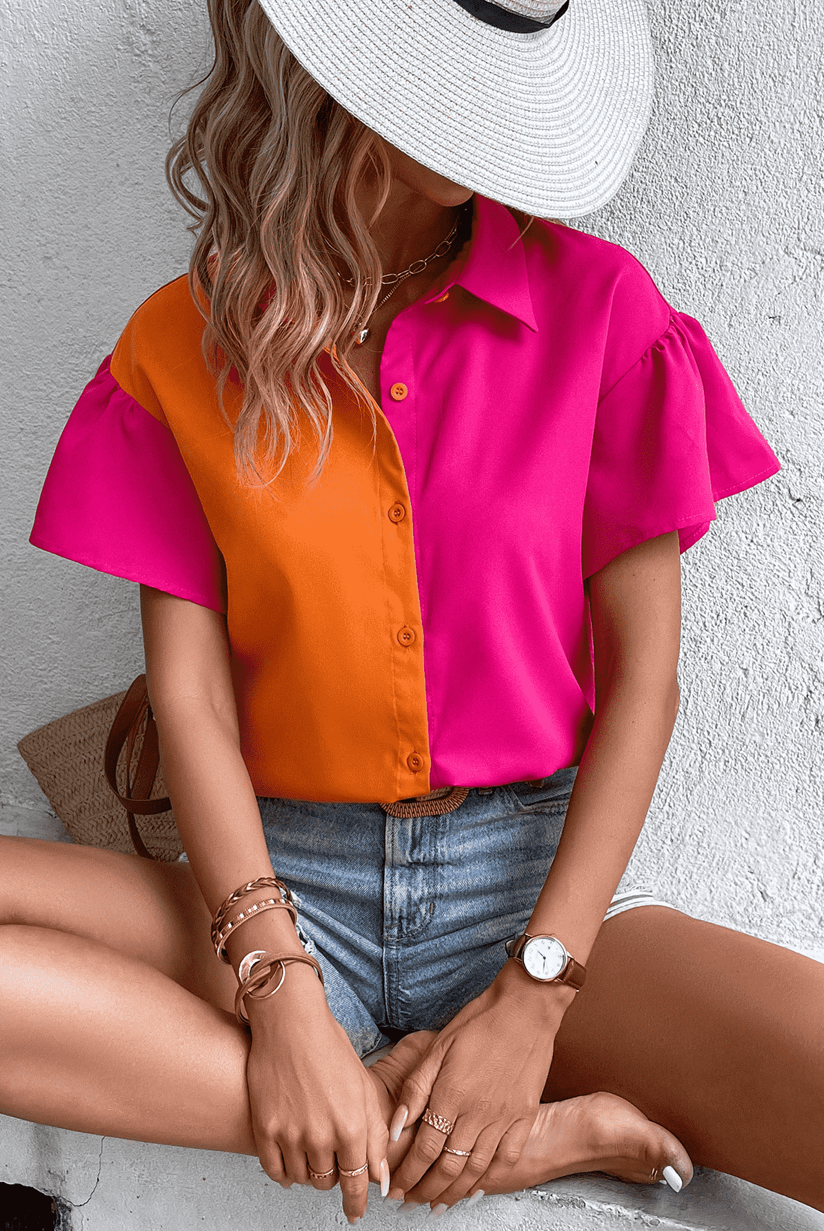 Rosy Brown Contrast Short Sleeve Shirt Tops