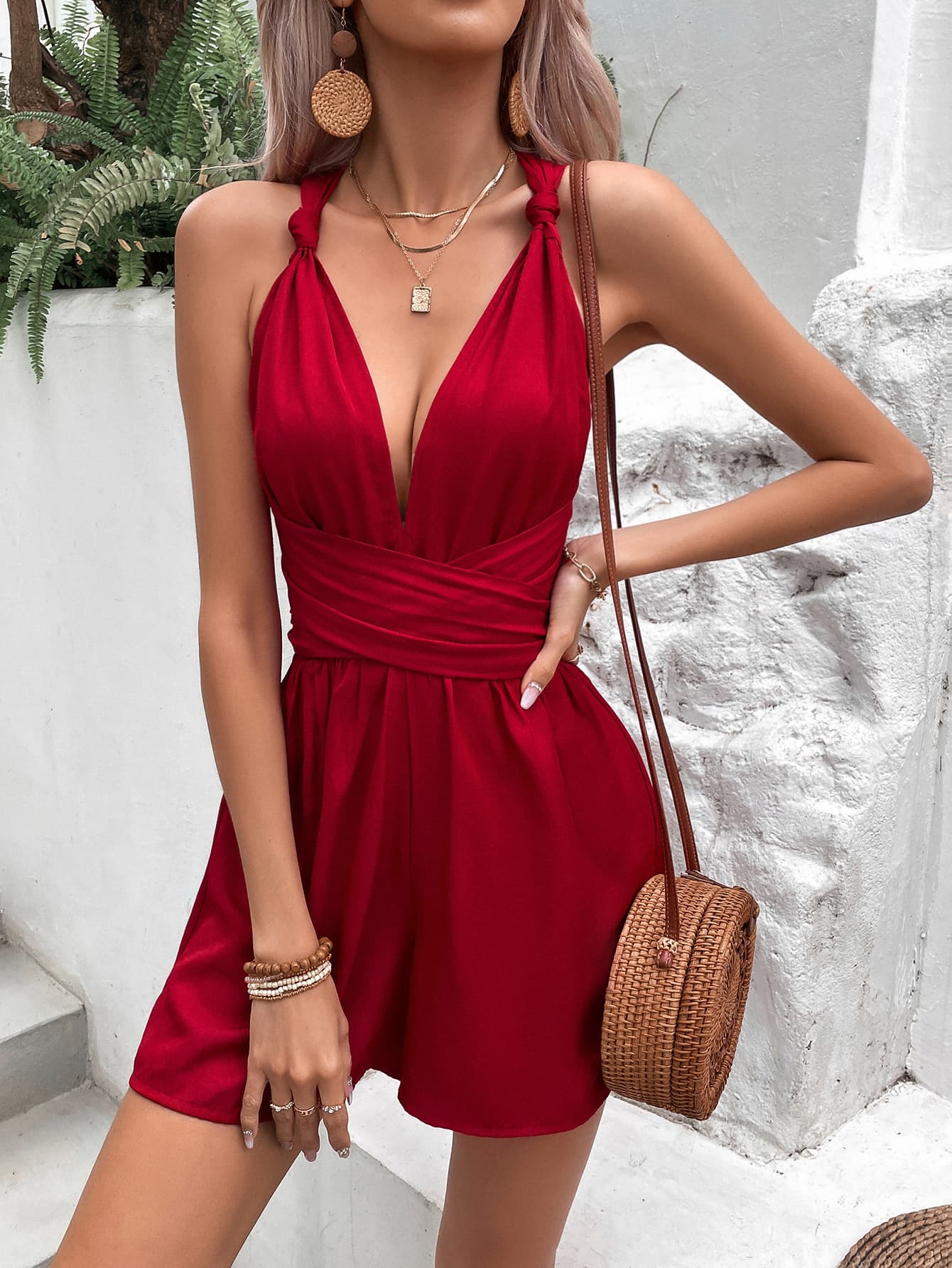 Gray Beautiful Deep Red Knot Detail Tie Back Romper Jumpsuits & Rompers