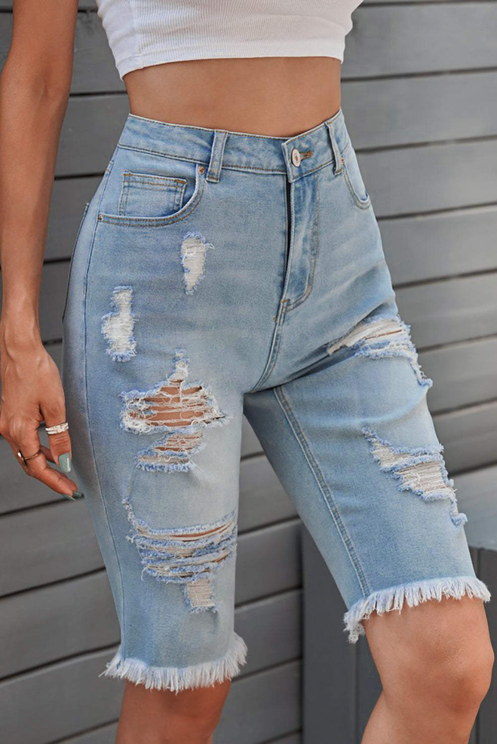 Slate Gray Distressed Raw Hem Denim Bermuda Shorts