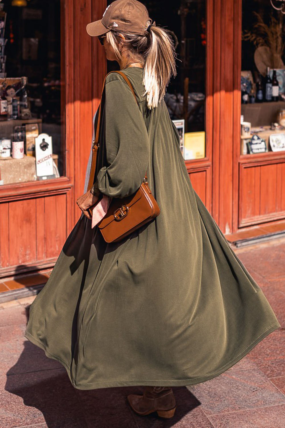 Dark Olive Green Round Neck Long Sleeve Cardigan Clothing