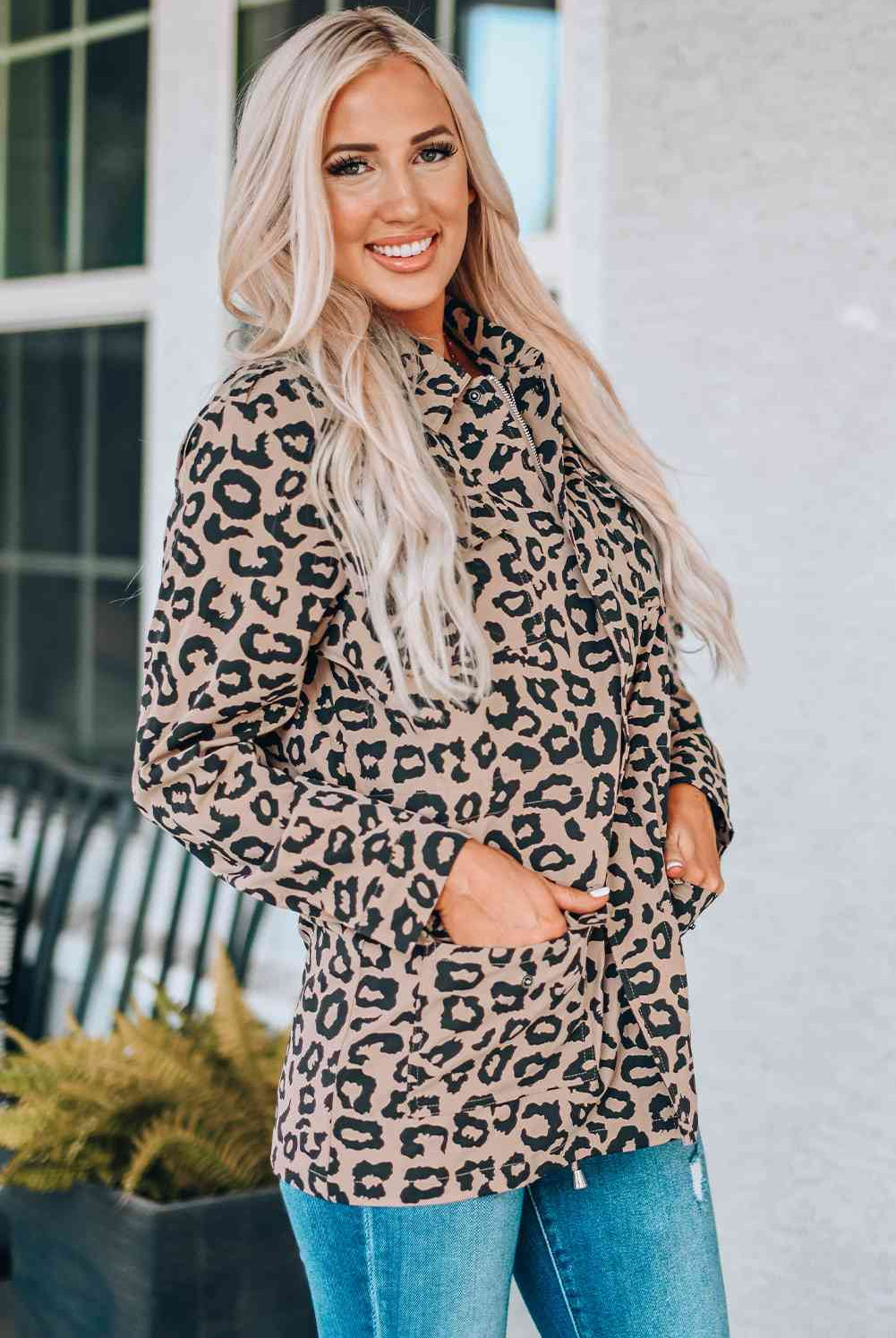 Gray Double Take Leopard Drawstring Waist Jacket with Pockets Trends