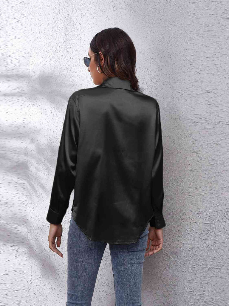 Gray Collared Neck Buttoned Long Sleeve Shirt Plus Size Clothes