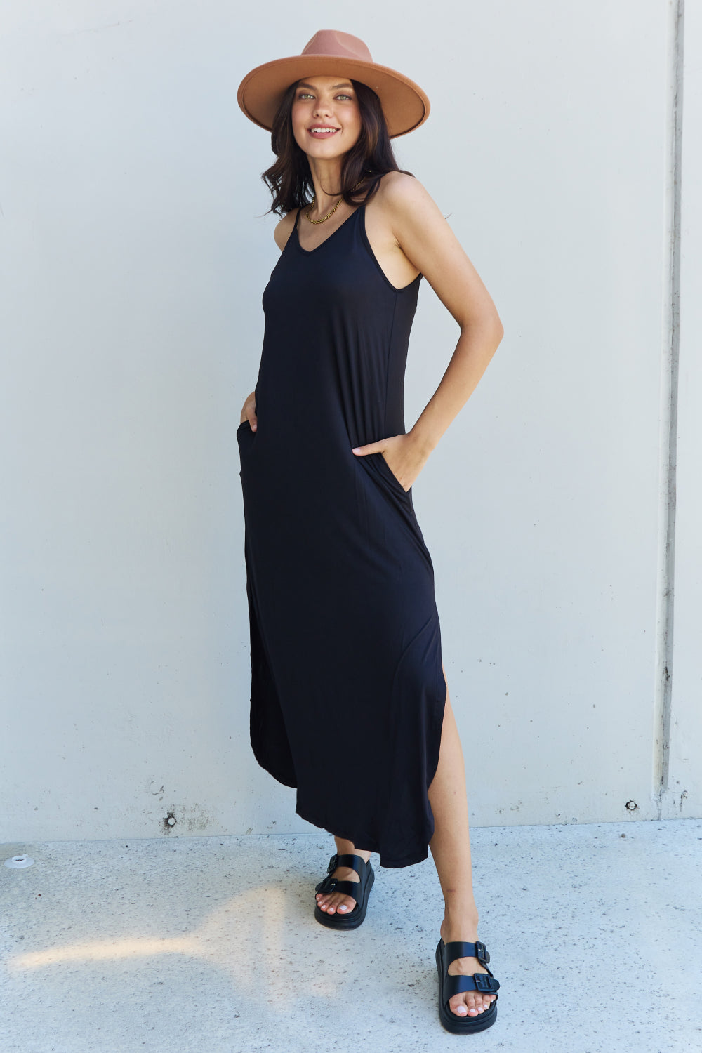 Light Gray Good Energy Full Size Cami Side Slit Maxi Dress in Black Maxi Dresses