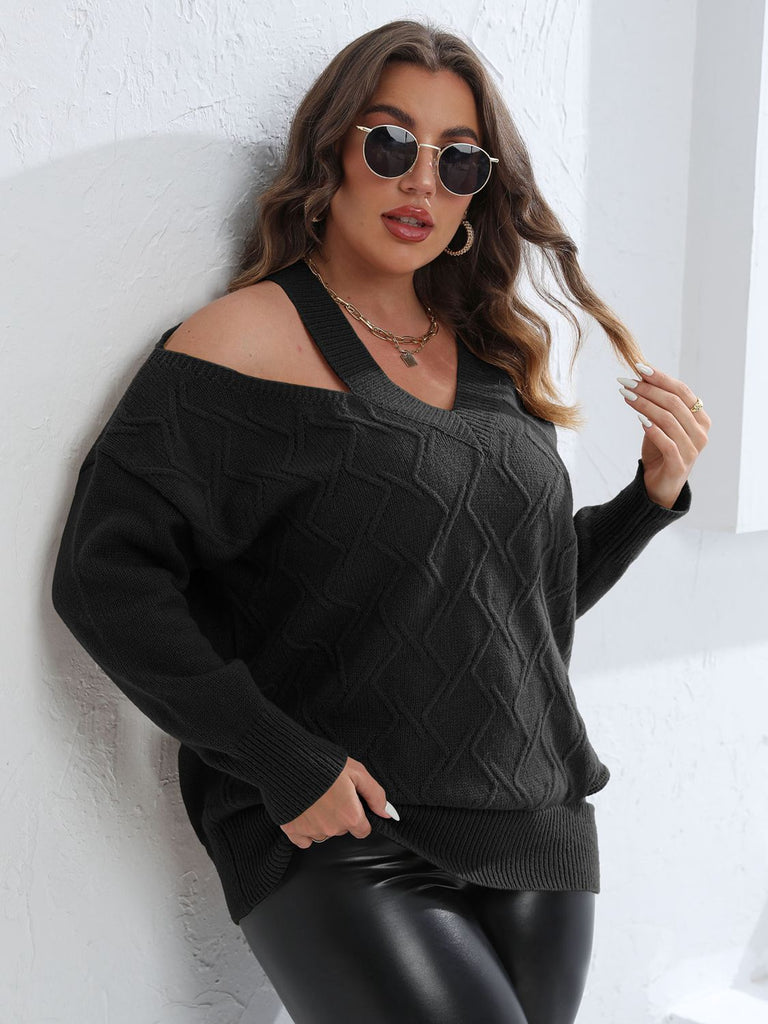 Black Plus Size Cutout V-Neck Sweater Clothing