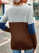 Gray Color Block Cutout Round Neck Long Sleeve T-Shirt Holiday