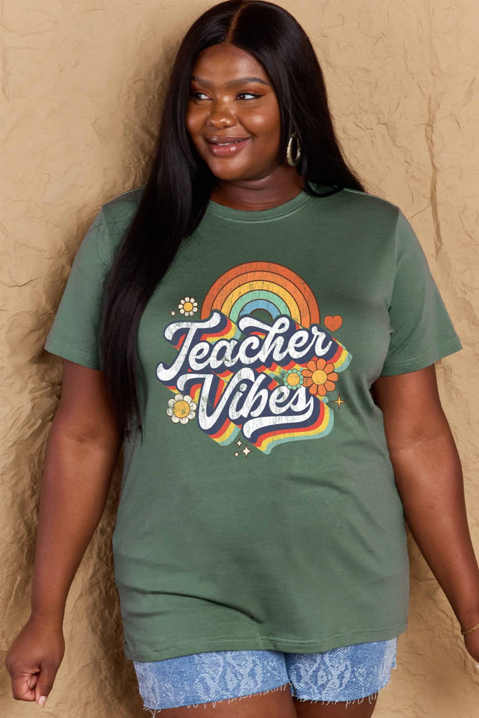Dark Olive Green TEACHER VIBES Graphic Cotton T-Shirt Graphic Tees
