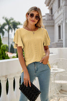 Gray Eyelet Flutter Sleeve Round Neck Top Tops