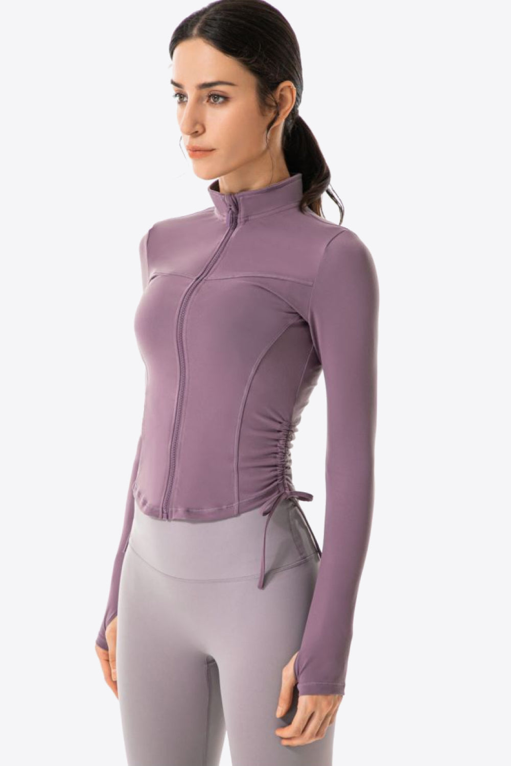 Lavender Side Drawstring Zip-Up Sports Jacket