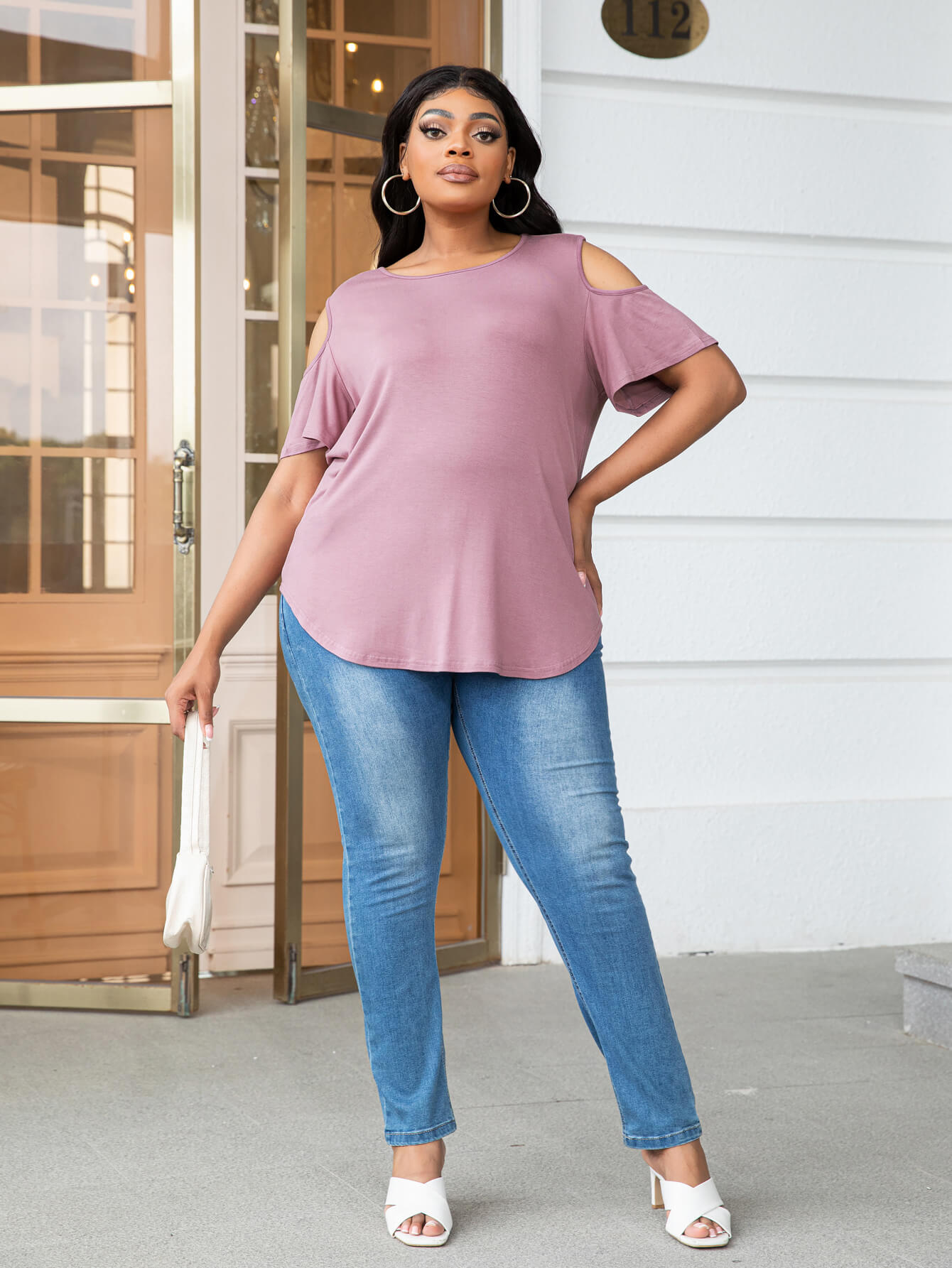 Gray Plus Size Cold-Shoulder Round Neck Curved Hem Tee Plus Size Clothes