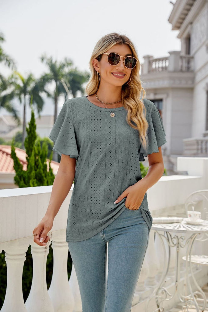Gray Eyelet Flutter Sleeve Round Neck Top Tops