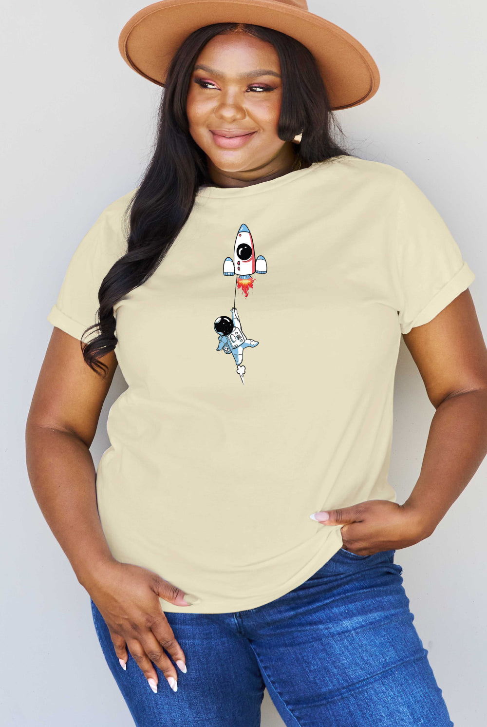 Light Gray Simply Love Full Size Astronaut Graphic Cotton T-Shirt Graphic Tees