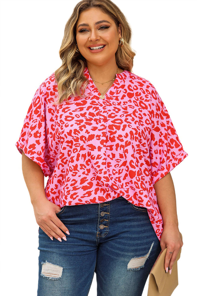 Tan Plus Size Printed Notched Neck Half Sleeve Top Tops